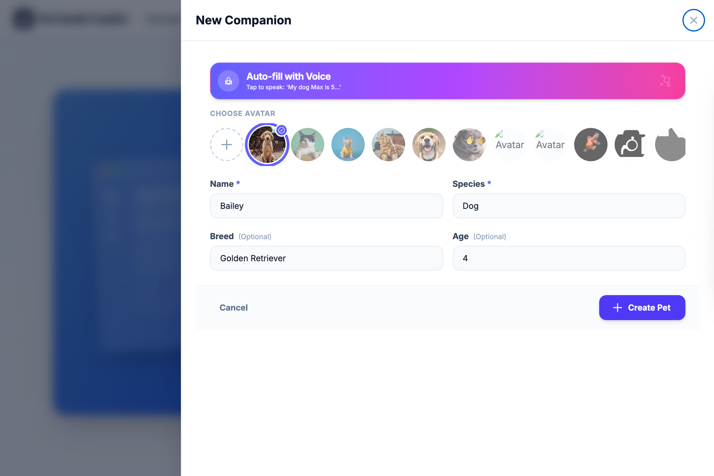Add-pet modal — F-7 app screenshot